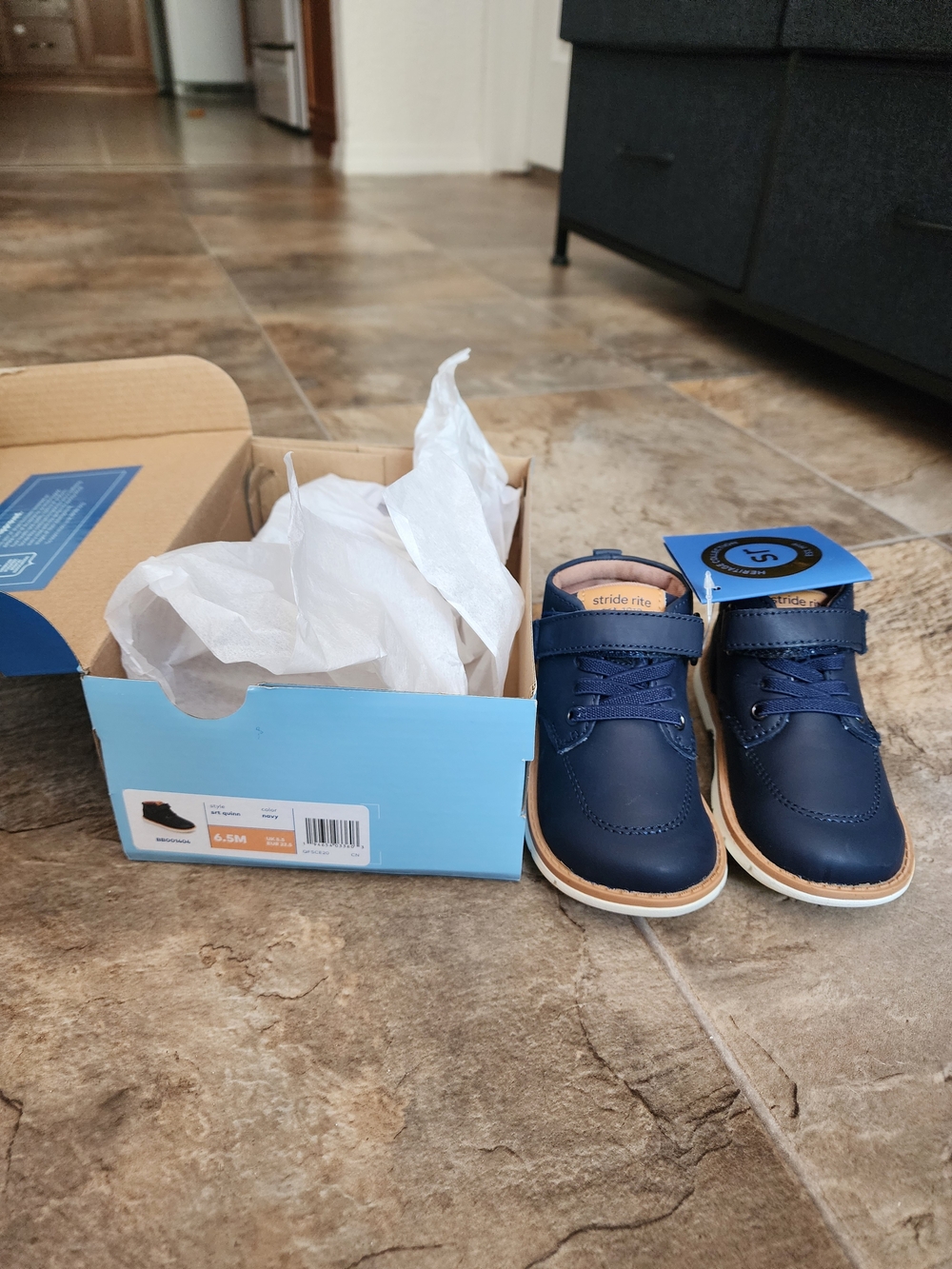 Stride Rite Navy and Tan Boys' Dress Shoes with Hook-and-Loop Strap